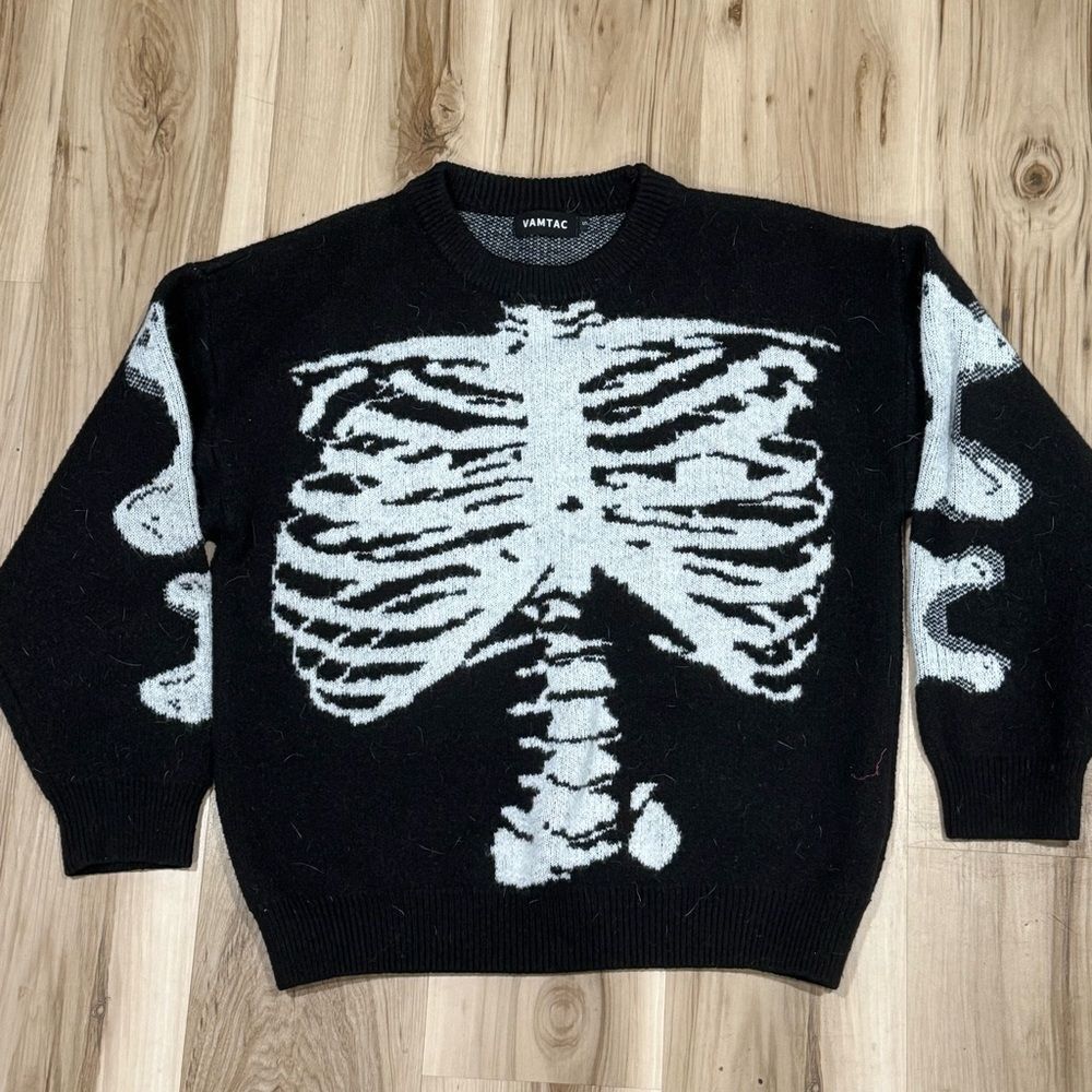 Vamtac Black Skeleton Knit Thick Crewneck Sweatshirt Men’s Small